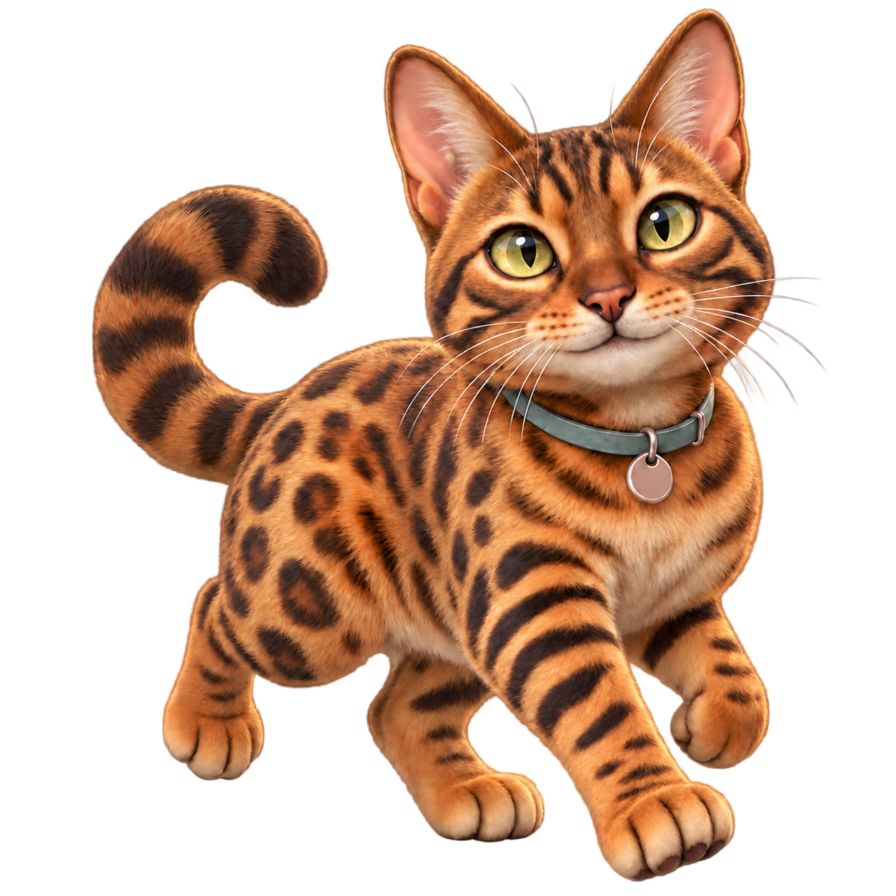 Loki, a golden Bengal cat with green eyes, ready for an adventure